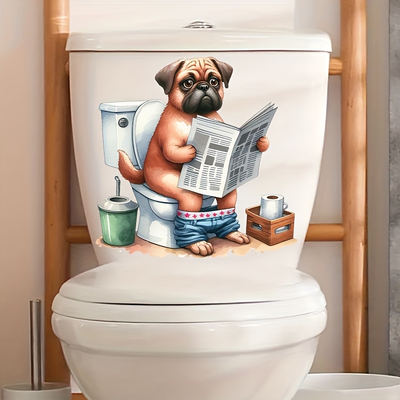 TEMU 1pc Pug Reading Newspaper Toilet Seat Decal - Adorable With Newspaper & Toilet Accessories, Self-adhesive Ceramic Surface Decoration For