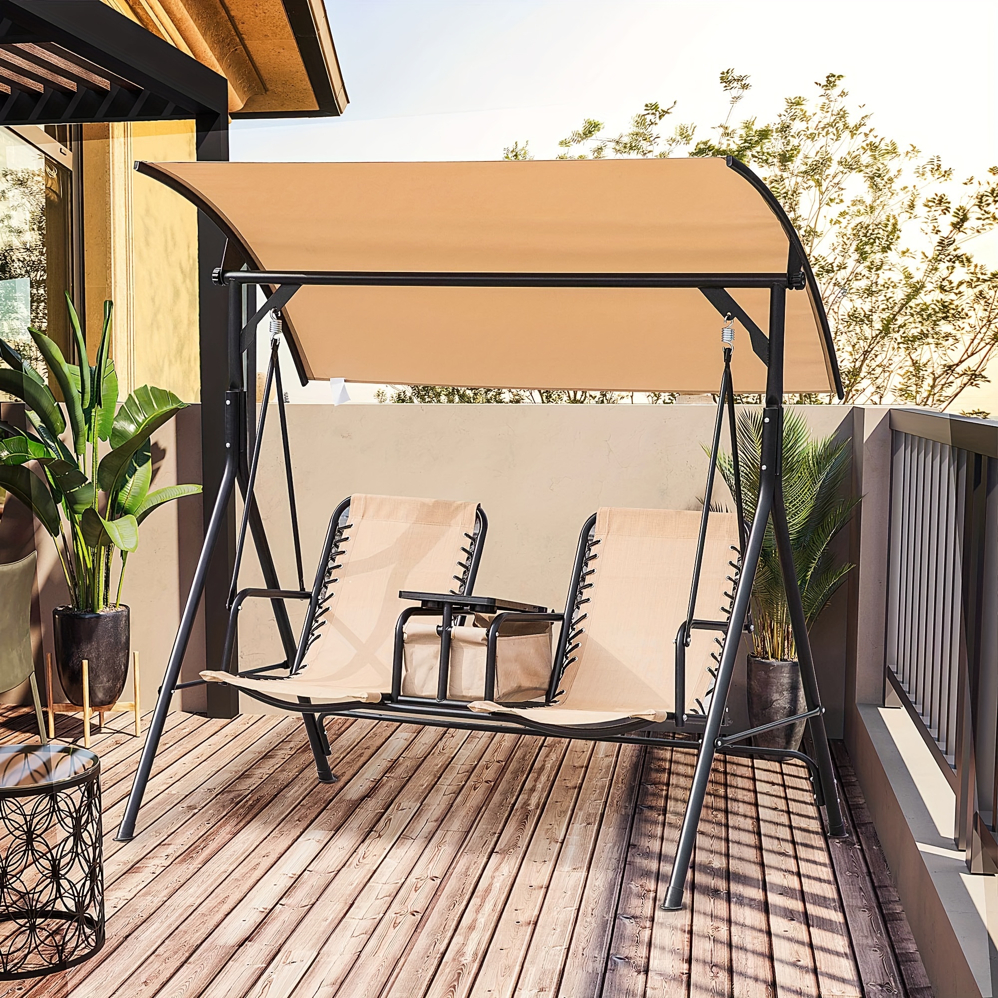 

Outsunny 2-seat Patio Swing Chair, Outdoor Canopy Swing Glider With Pivot Storage Table, Cup Holder, Adjustable Shade, Seat Suspension And Weather Resistant Steel Frame, Beige
