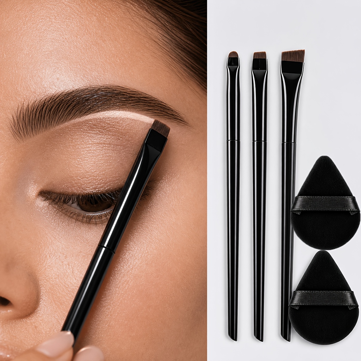 TEMU 5pcs Makeup Kit, 3pcs Eyebrow Eyeliner Eyeshadow Brushes And 2pcs Makeup Sponges, Nylon Bristle Cosmetic Brushes For Beginners, Soft For Setting