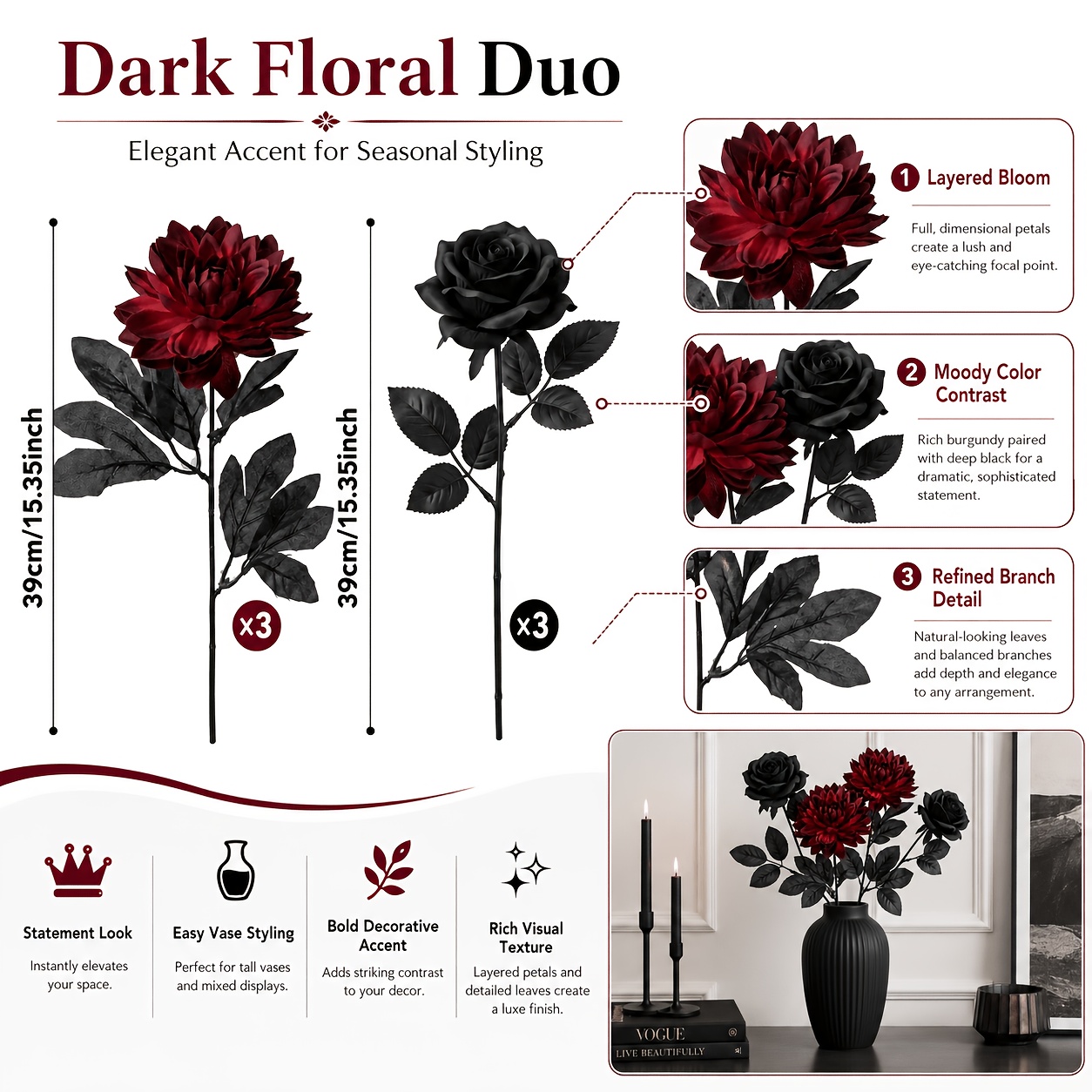 TEMU Set da 6 pezzi di fiori artificiali rosa e dalia, bouquet artificiale realistico, fiori finti per , a bassa manutenzione, adatti per Halloween,