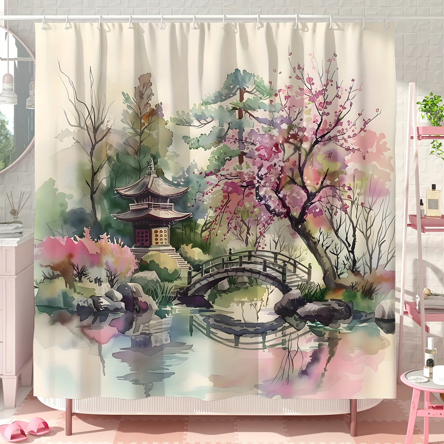 

Sakura Shower Curtain - Waterproof Polyester, 71x71 Inch With 12 Hooks, Machine Washable, Perfect For Bathroom Decor