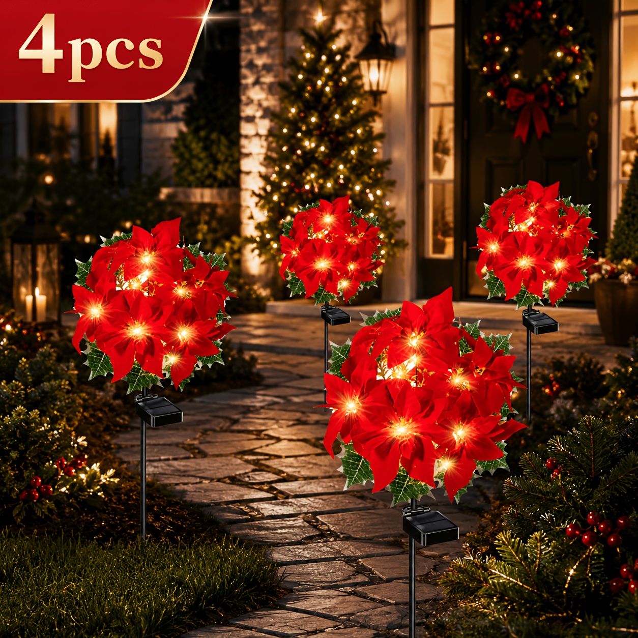 4-pack Solar Hibiscus Led Lights, Outdoor Holiday Patio Decorative Lights, Suitable For Labor Day And Day