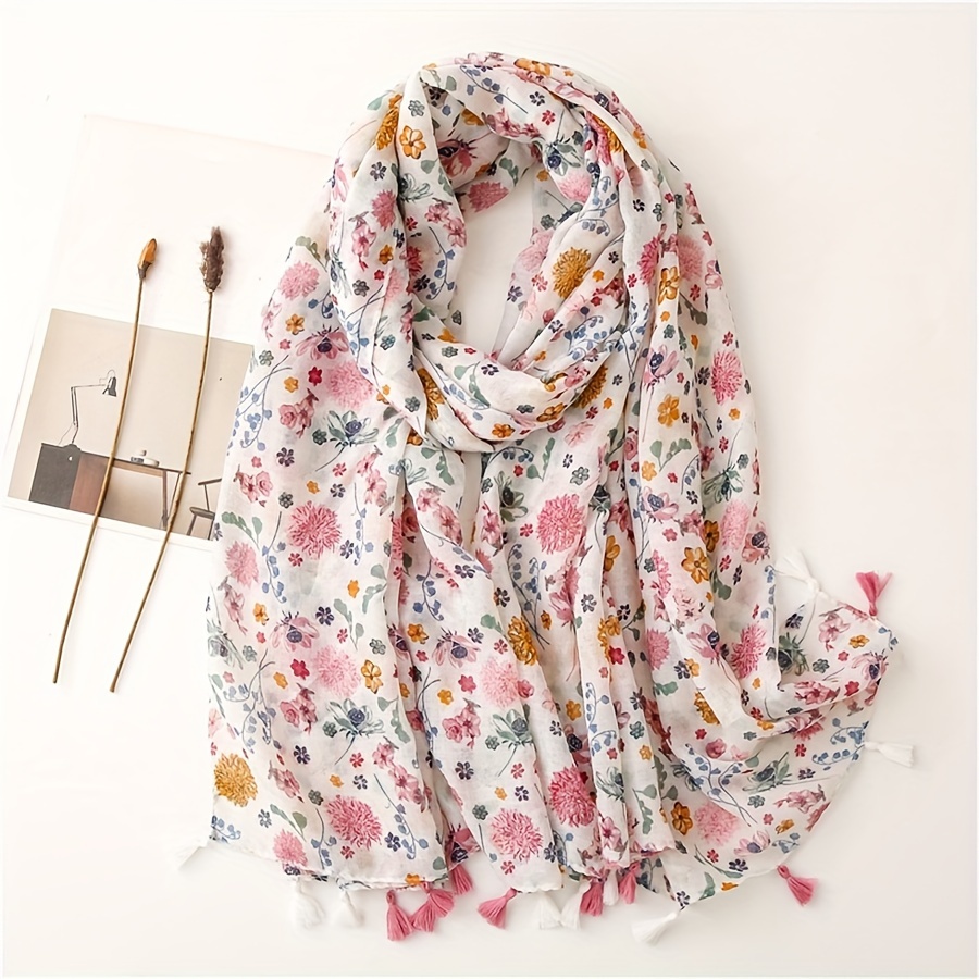 

Multicolor Flower Print Scarf Thin Breathable Cotton Linen Feeling Shawl With Tassel Boho Style Windproof Sunscreen Travel Scarf For Women