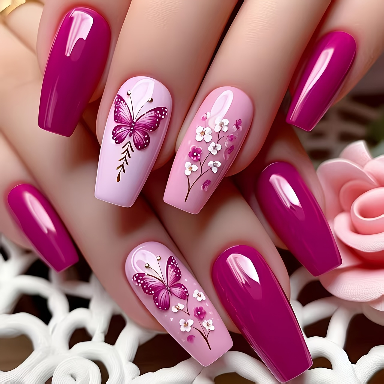 TEMU 24pcs Mid-length Pattern Wearable Nails Summer Small Floral Sweet Fake Nail Patches Square Fake Nail Patches Wearable Nails Convenient For Daily