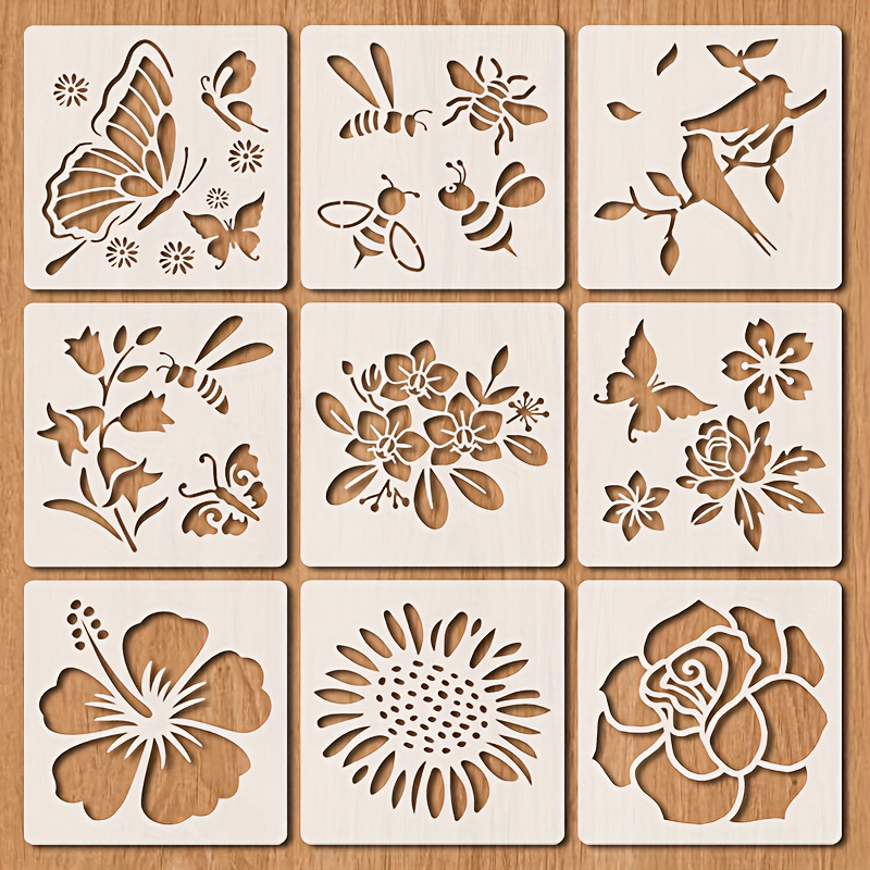 

9pcs Pochoirs de Fleurs, Pochoirs Réutilisables de Abeille Papillon Oiseaux Modèles de Printemps Nature DIY Pochoirs d'Artisanat pour Peinture sur Bois Mur Toile Décoration Maison