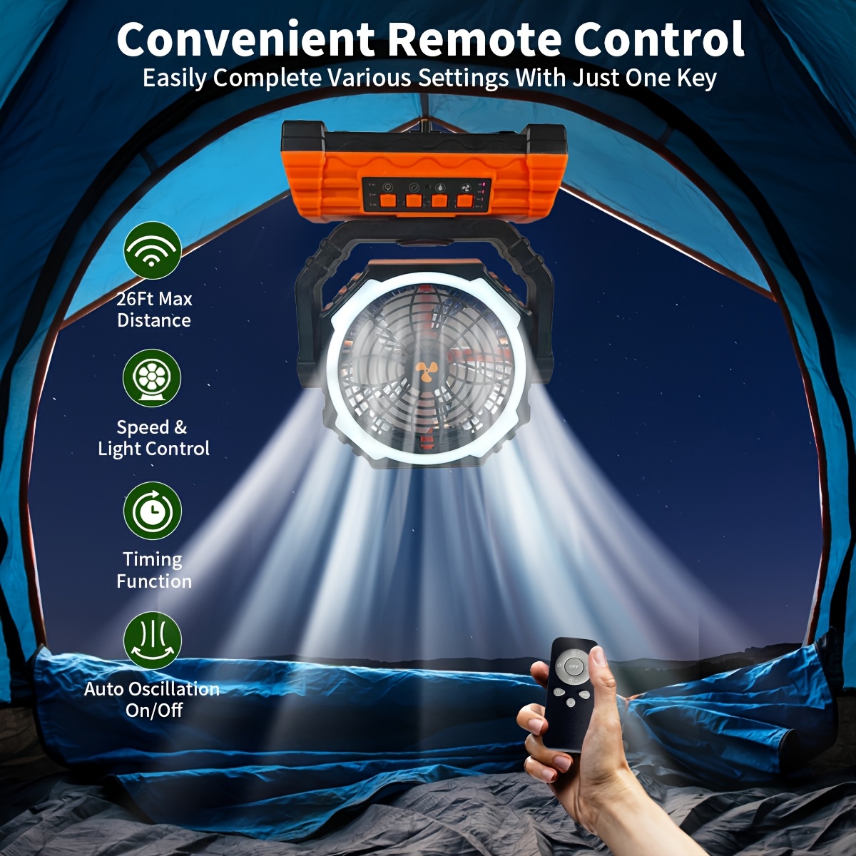 practical Cold Air Battery Powered Fan with 4LED Lantern, 20000mAh Dual Motor Camping Fan, 4-Speed Adjustable Desktop Fan with Hook, Remote Control Portable Outdoor Fan Suitable for Tents, Power Outages and Construction Sites 5 practical Cold Air Battery Powered Fan with 4LED Lantern, 20000mAh Dual Motor Camping Fan, 4-Speed Adjustable Desktop Fan with Hook, Remote Control Portable Outdoor Fan Suitable for Tents, Power Outages and Construction Sites - Image 5