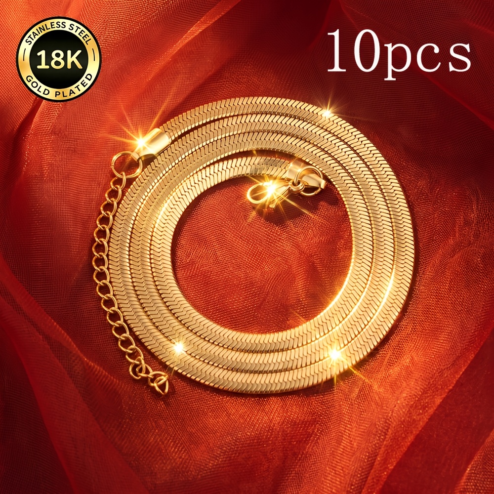 TEMU 10pcs Exquisite 3.0mm Flat Snake Bone Chain Necklaces, Flat Chains, 18k Golden Plated Blade Necklaces, Unisex Style Stainless Steel Clavicle