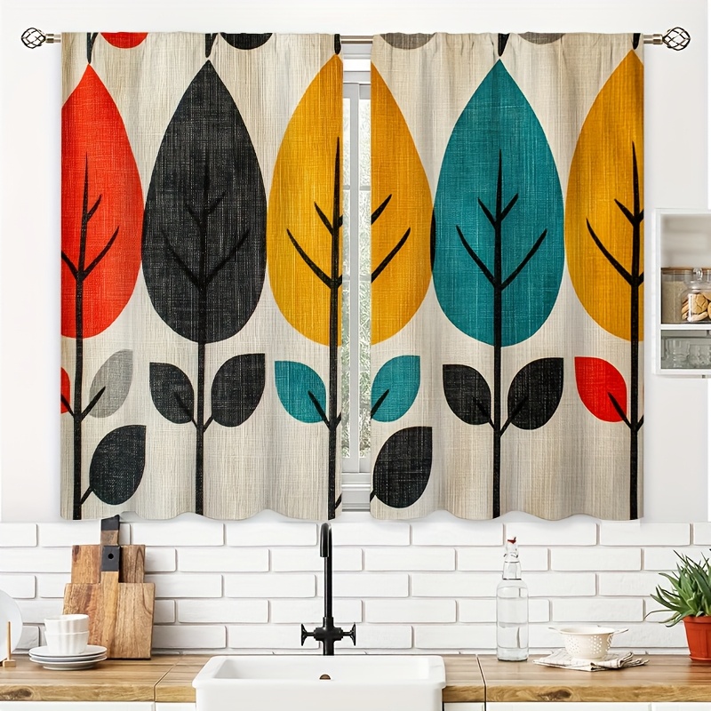 TEMU 2 piezas de estampado vintage de estilo mid-century para cortinas blancas, ideales para cocinas. cortinas estampadas son pequeñas, cortas estilo