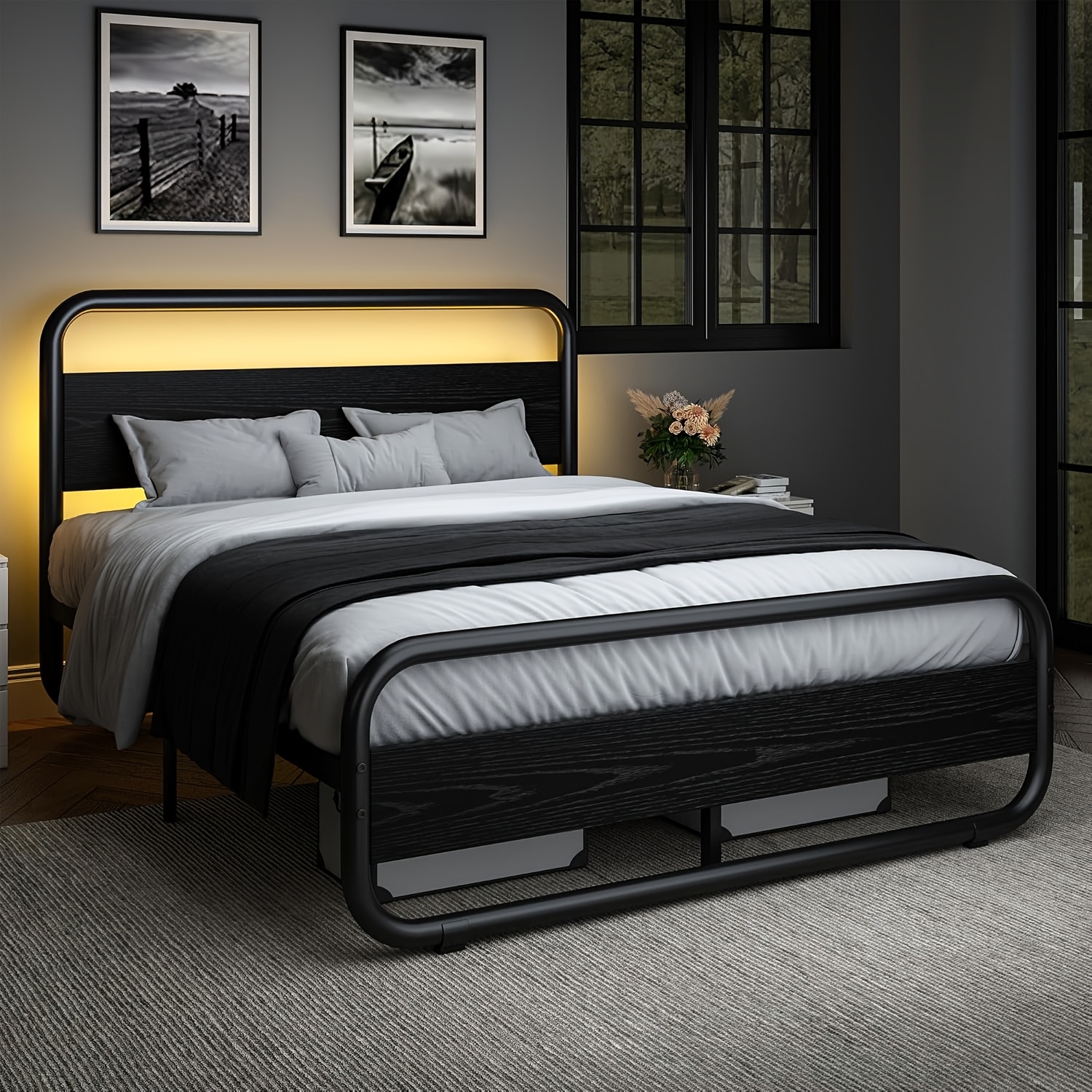 TEMU Twin Full Queen King Size Black/brown/grey/white Bed Frame With Wood Headboard, Metal Bed Frame With Under Bed Storage, Black Bed Frame Queen