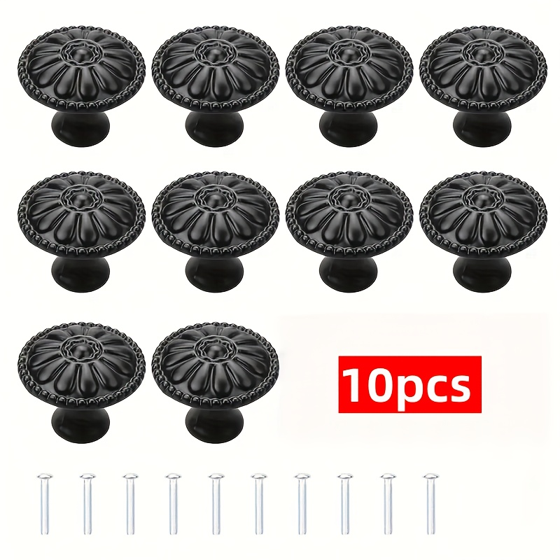 TEMU 20pcs (10 Pulls + 10 Screws) Screws Matte Black Farmhouse Cabinet Knobs - Victorian Floral Drawer Pulls & Screws | Heavy-duty Aluminum For