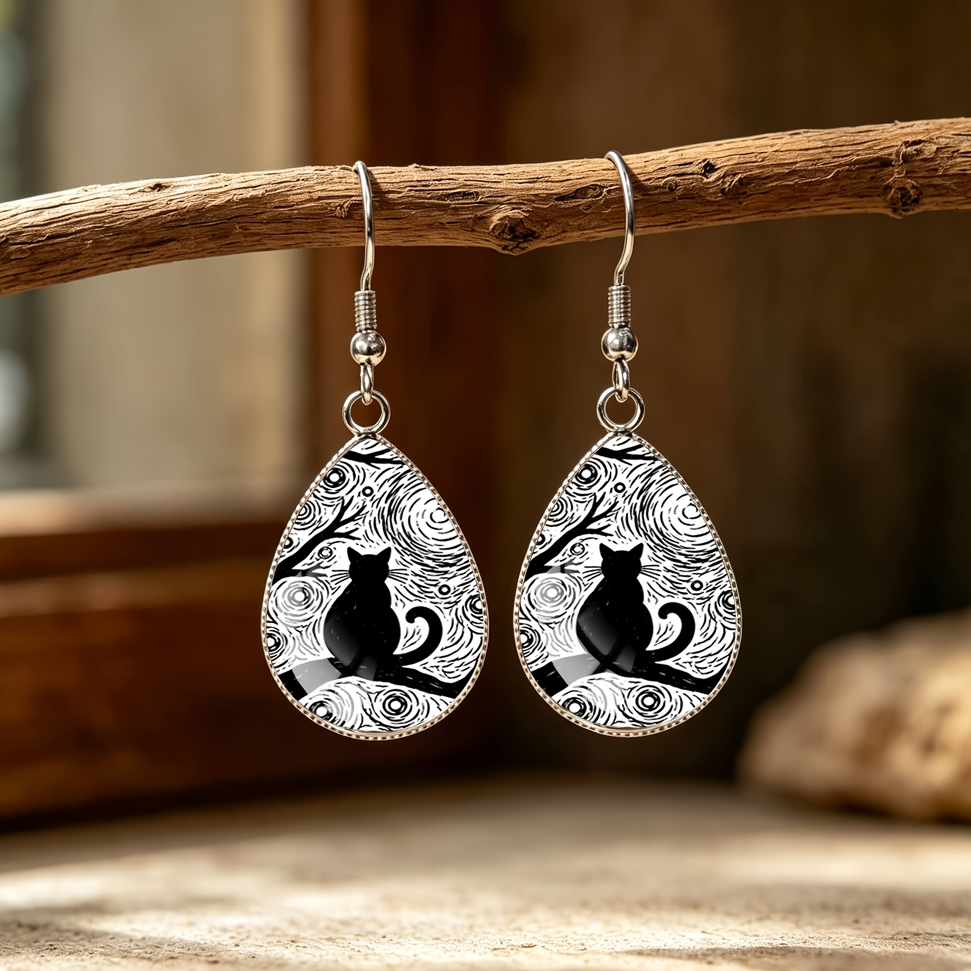 Women's Starry Night Vortex Black Cat Pattern Teardrop Earrings