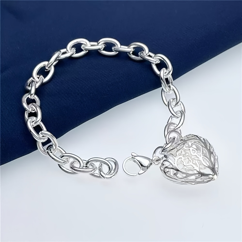 TEMU Bracelet Pendentif Cœur en Acier Inoxydable Plaqué Argent Luxueux et Élégant pour Femmes - Idéal pour les Décontractées