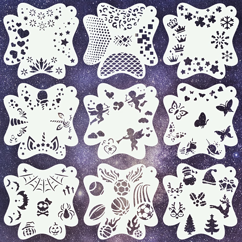 

9 Face Painting Stencils, 15x15cm, For Stage Shows, Masquerades And Diy Crafts - Washable Pet Material, Ideal For Painting, , Graffiti Albums And !