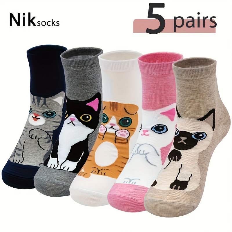 TEMU 5 Pairs Of Adorable Cartoon Cat Ankle Socks For – Soft, Breathable, Anti-sweat, With Pink Accents And Multiple Cat Patterns (black, White, Gray, Navy Blue)