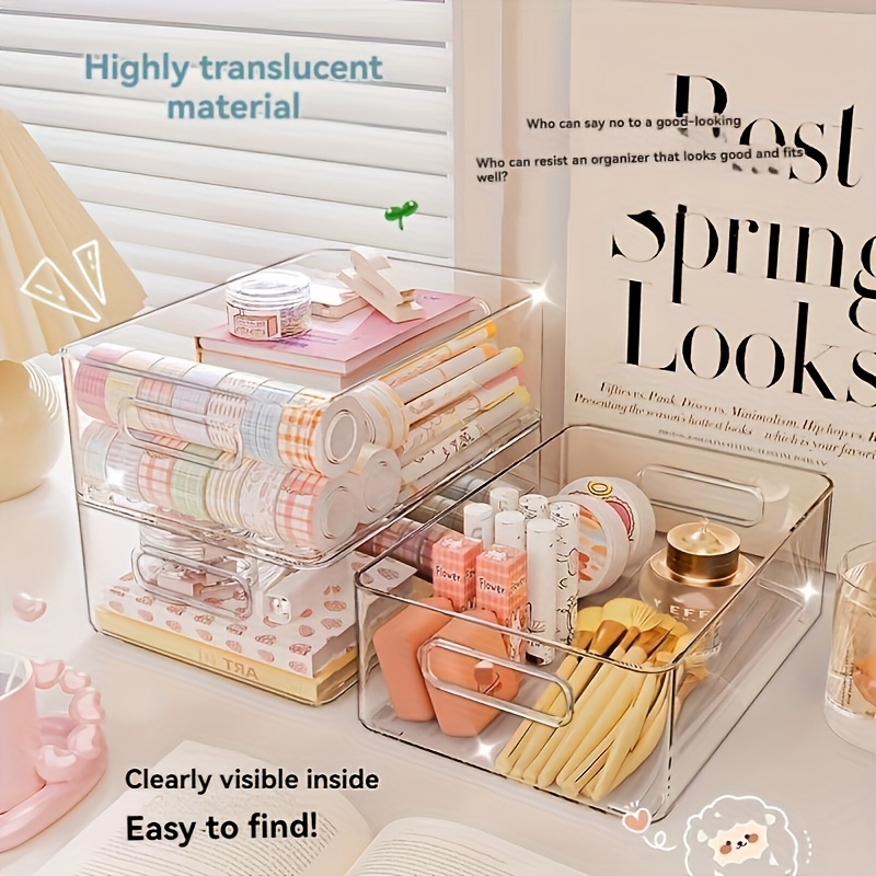 stackable transparent plastic cosmetic storage box - large capacity organizer basket for dorm clutter, multi-functional space-saving storage container. suitable for kitchen, bathroom, bedroom, living room, and office.   organization box Product details 2