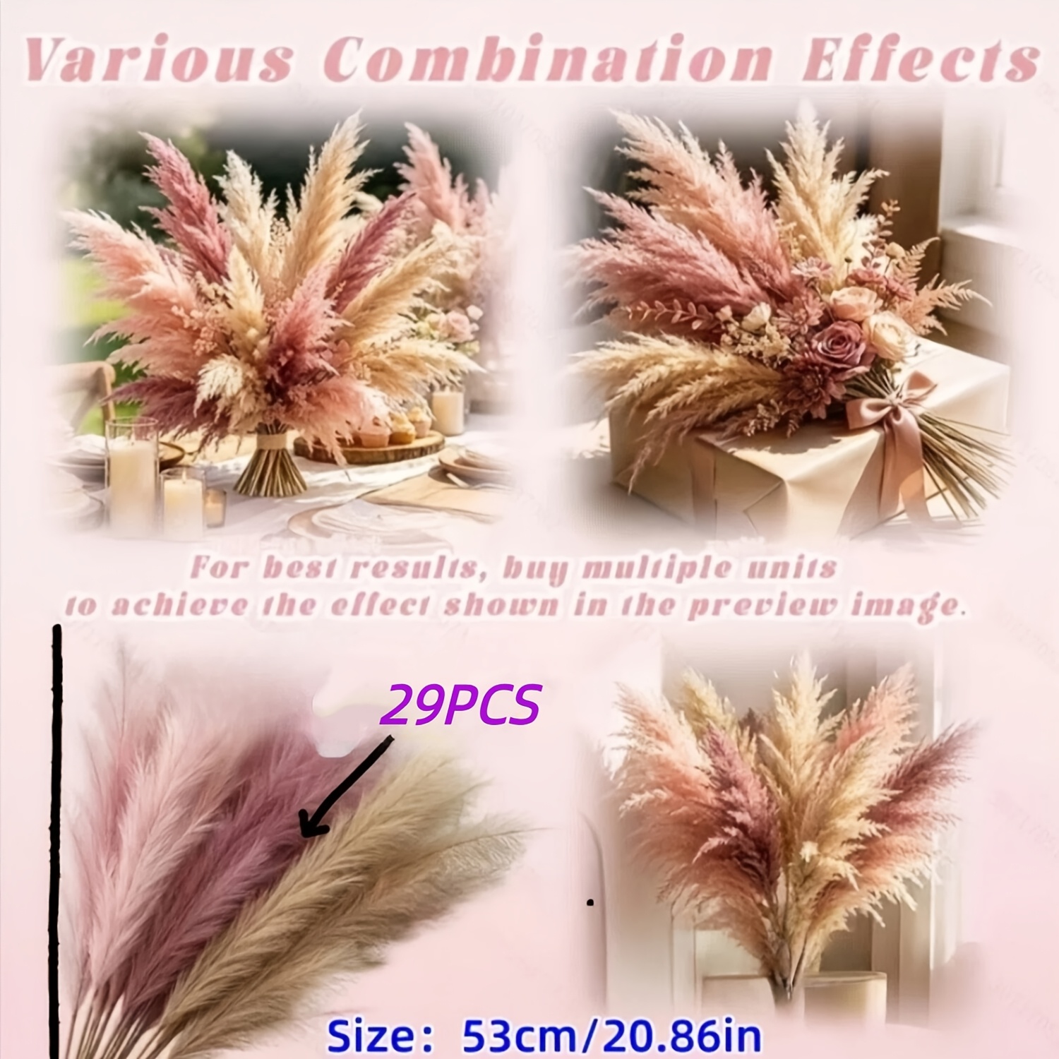 TEMU 29 cañas artificiales estilo bohemio (rosa, beige, marrón rojizo decoración de ) | Adecuado para arreglos de boda, decoración del hogar, adornos