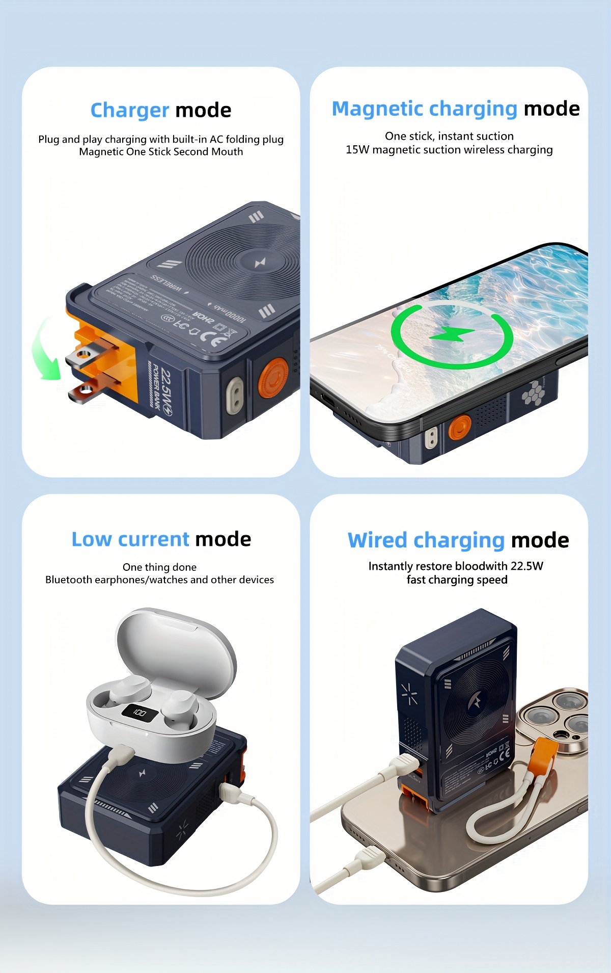 5 in 1 mobile power bank 10000mah battery pack 22 5w fast charging charger built in ac plug built in pd fast charging cable 15w magnetic wireless charging built in bracket suitable for charging watches headphones mobile phones and tablets Product details 1