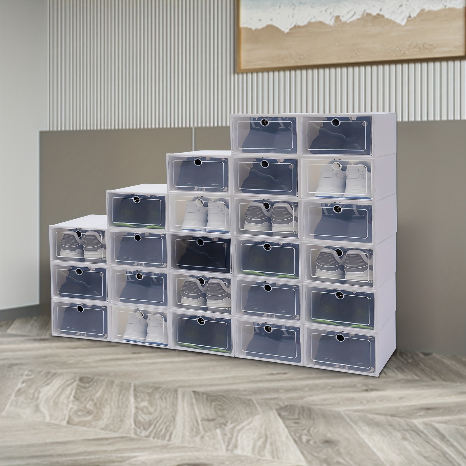 24 Pack Shoes Storage Boxes - Clear Plastic Foldable Stackable Shoe Organizer Containers Bins Holders For Closet Bedroom Small Space, 33x23x14 Cm