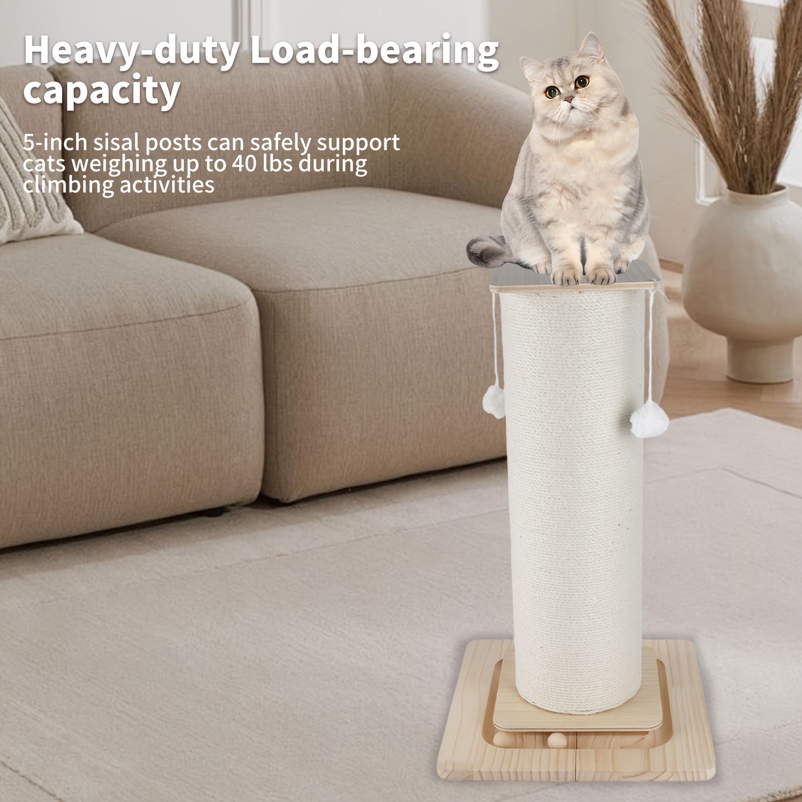 Image of 80/60cm Heavy-duty Sisal Scratching Post With Hanging Ball, Suitable For Multi-cat Households