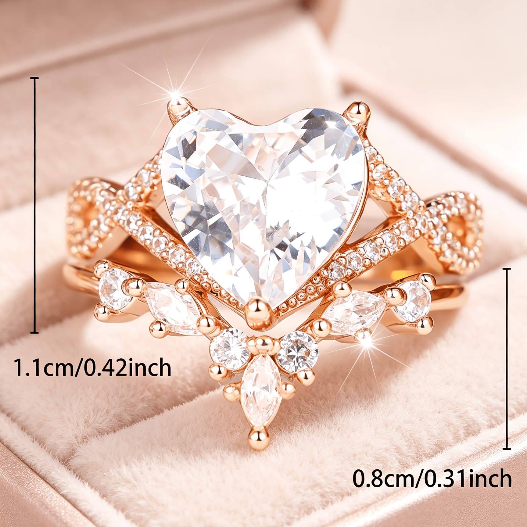 2pcs Unisex Ring Set with Heart-Shaped Synthetic Zirconia Inlay