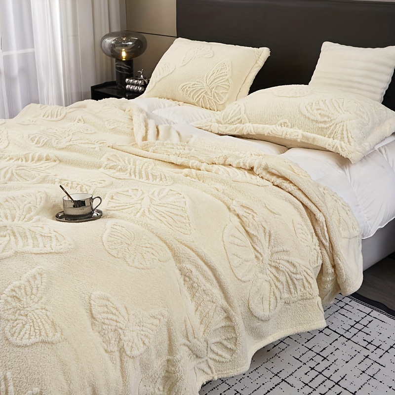 TEMU Neue Plüsch-Uni-Farb-Jacquard-Multifunktions-Decke, Jacquard-Schmetterlingsmuster, Schmetterling Weiß