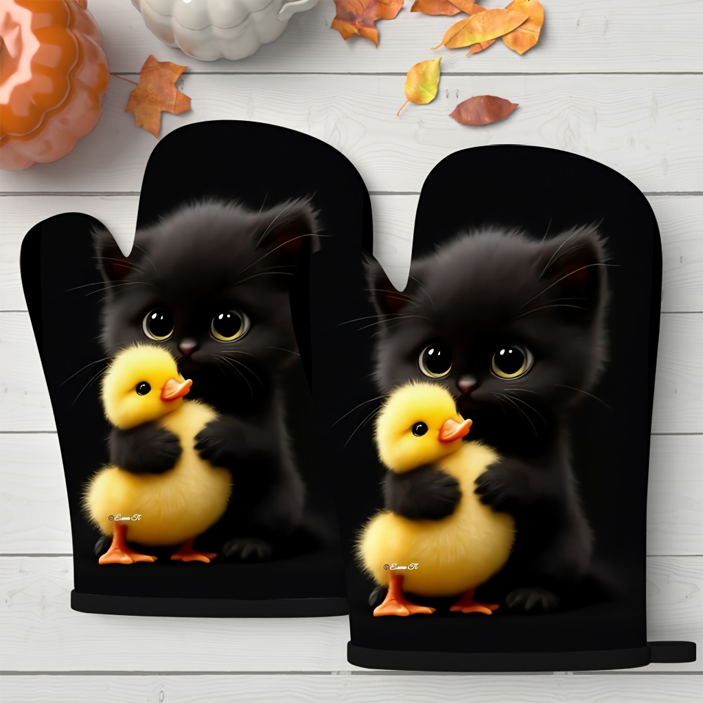 TEMU 2pcs Cute Oven Mitts Heat- Black Cat With Yellow Duck Watercolor Illustration Heat Resistant 27x17 Cm Polyester Kitchen Additions For Baking,