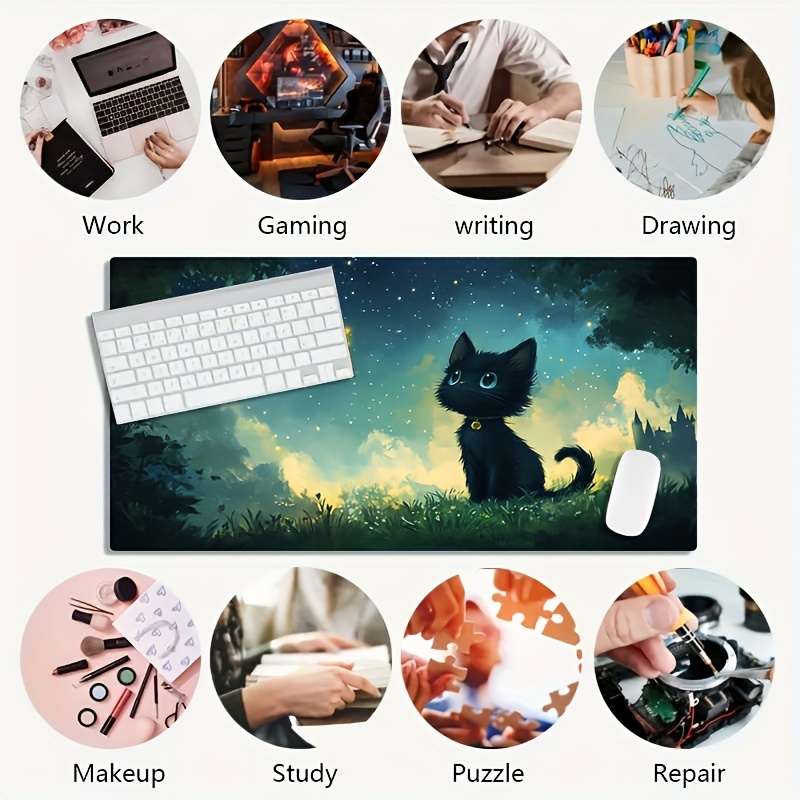 1pc large   gaming mouse pad black cat   at     pattern non slip washable rubber base big size desk mat office desk additions Product details 5