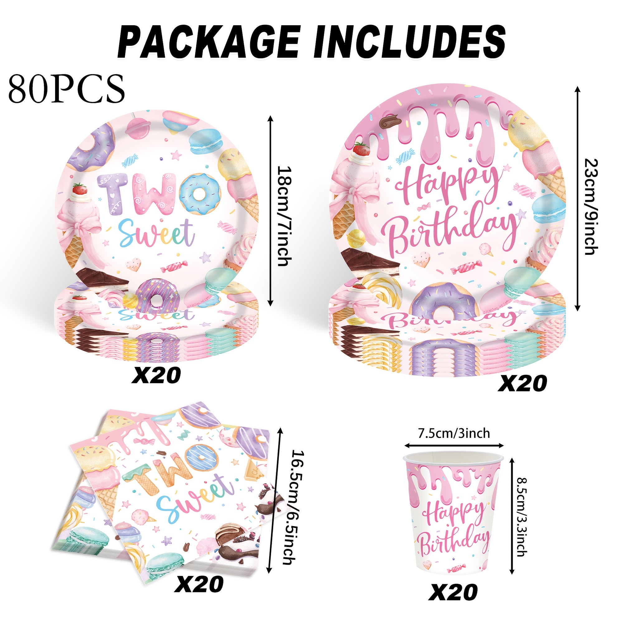Image of 60/80pcs Dessert Themed 2nd Birthday Party Supplies Set, Pink Ice Cream Donut Paper Plates And Napkins Set, "two Sweet" Birthday Party Decorations, Party Packs I Perfect For Halloween
