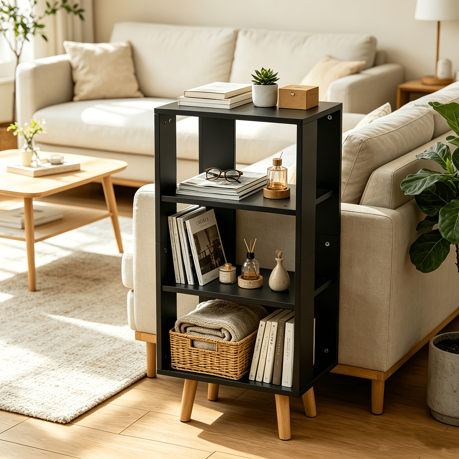 Coffee Table, Console Table, Couch Table With 3 Open Shelves, Wooden Legs, 40x30x87.5cm, Load Capacity 30kg.