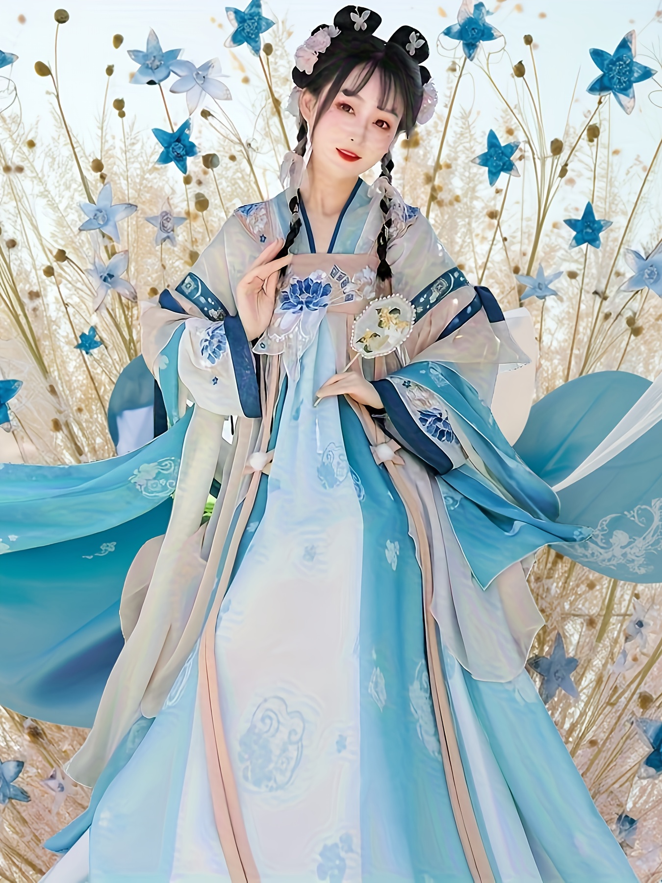 elegant blue embroidered hanfu floral patterns long flowing - Temu United  Arab Emirates