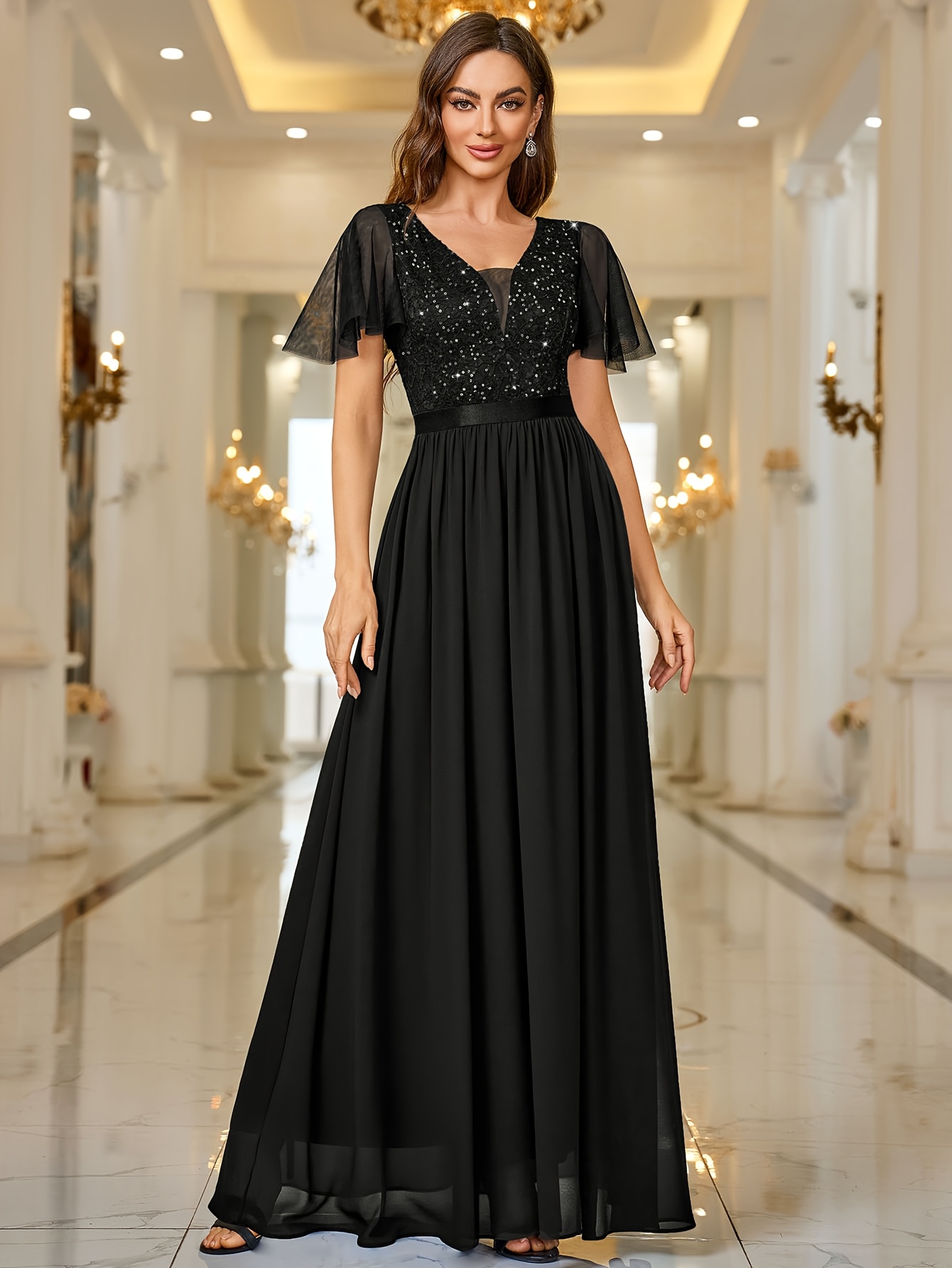 54228 Elegant Women'S Sequin Lace Contrast Chiffon Bridesmaid Maxi Dress,  V-Neck with * Tulle Short Sleeves, A-Line Gown * Formal Eve