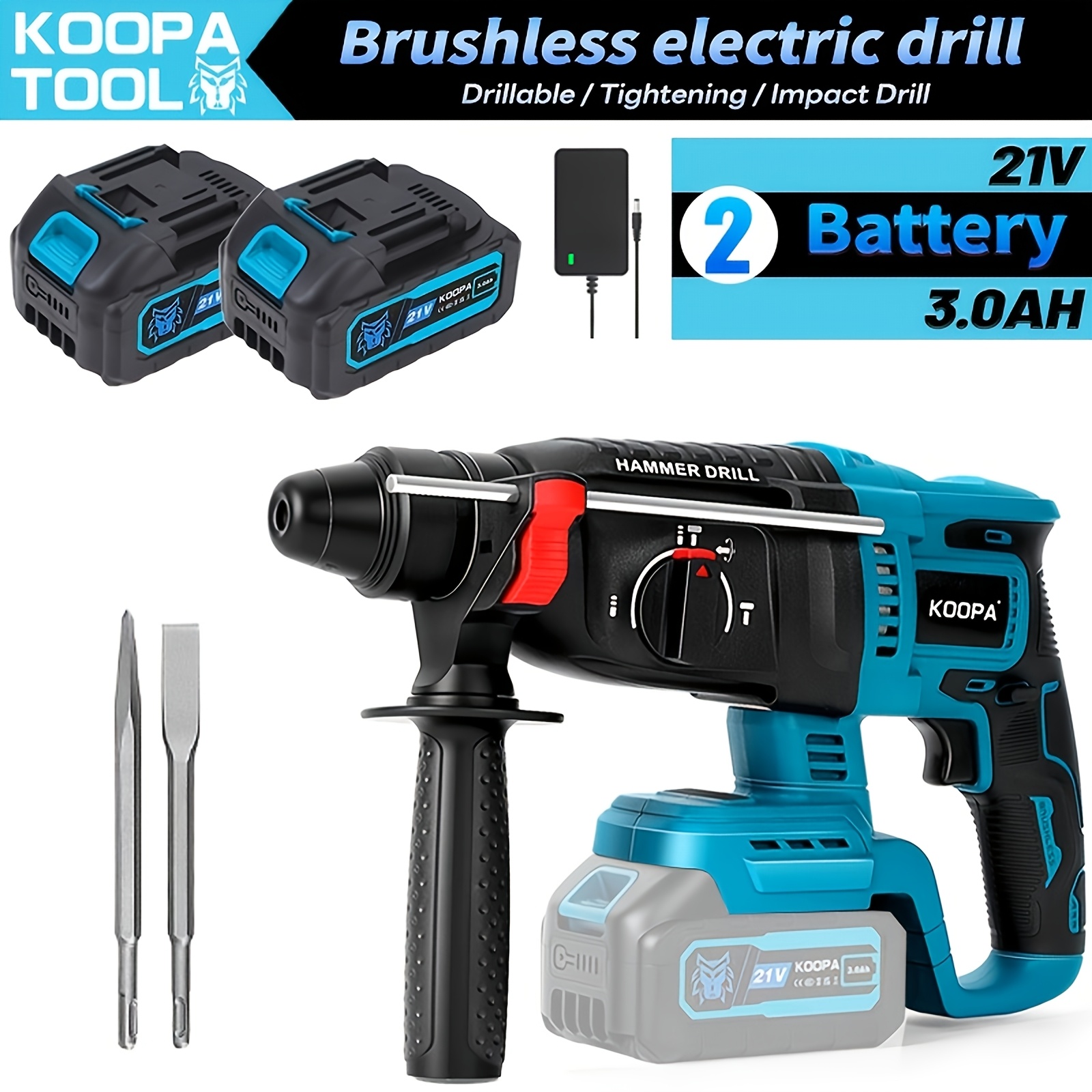 Koopa Tool Handheld Hammer Drill, Electric Drill, High- Brushless Motor, With Safety Clutch, 360° Auxiliary Handle And 5 Drill Bits, Suitable For Concrete Drilling