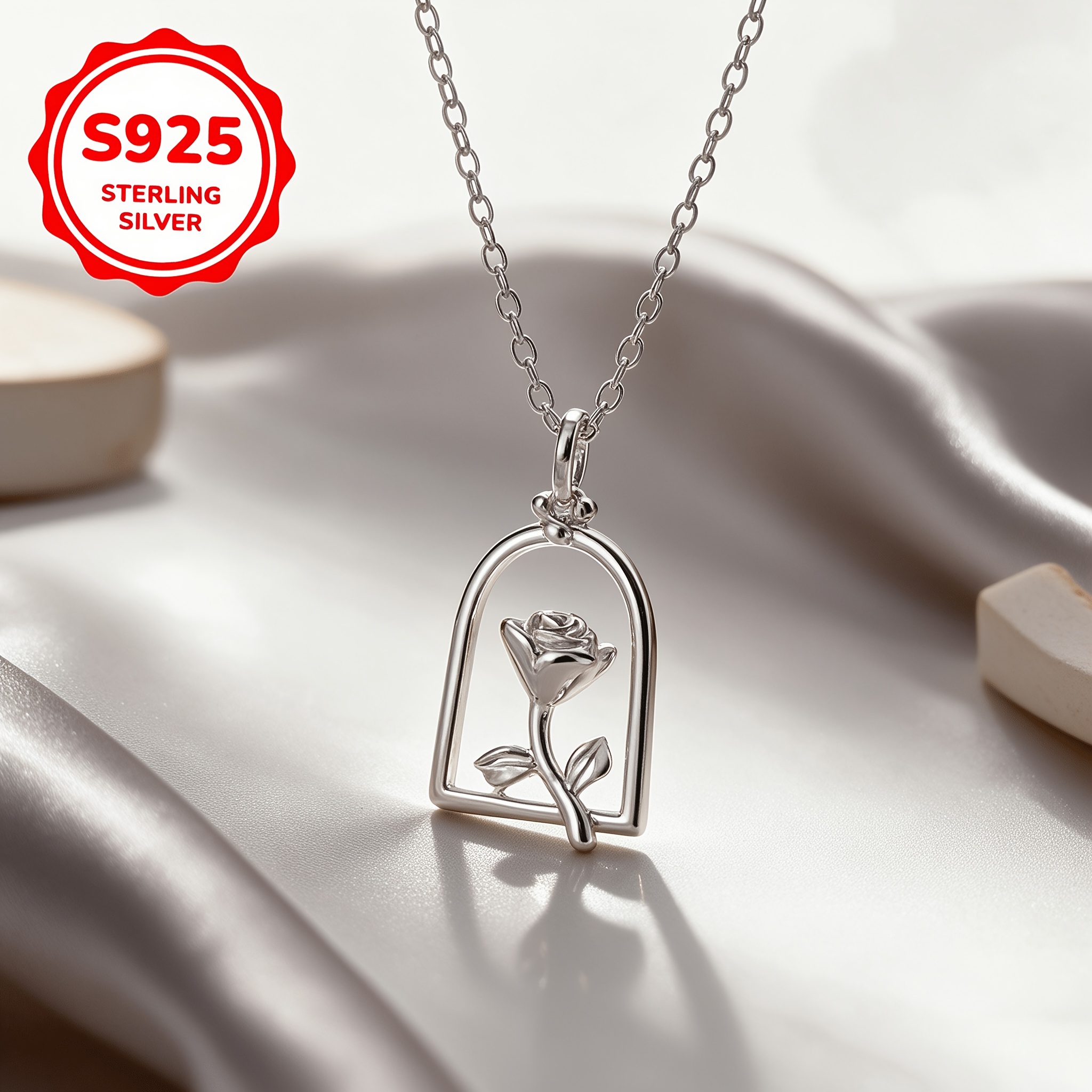 925 Silver Rose Flower Hollow Pendant Necklace