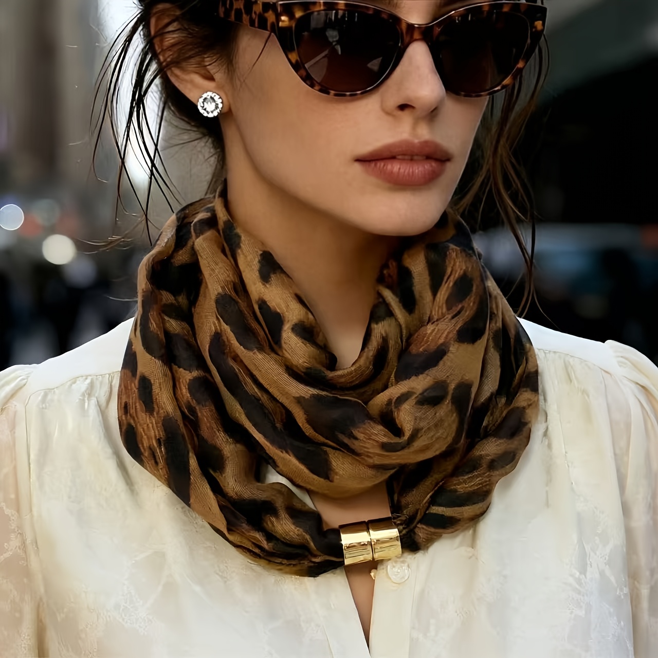 TEMU Sciarpa da elegante francese, versatile sciarpa con stampa leopardata, scaldacollo minimalista senza lacci, stile pendolare, sciarpa da premium