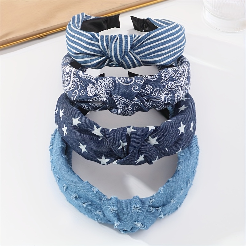 Image of 4pcs/set Retro Denim Paisley Star Headband Hair Tie For Girls's Hairstyle Accessories