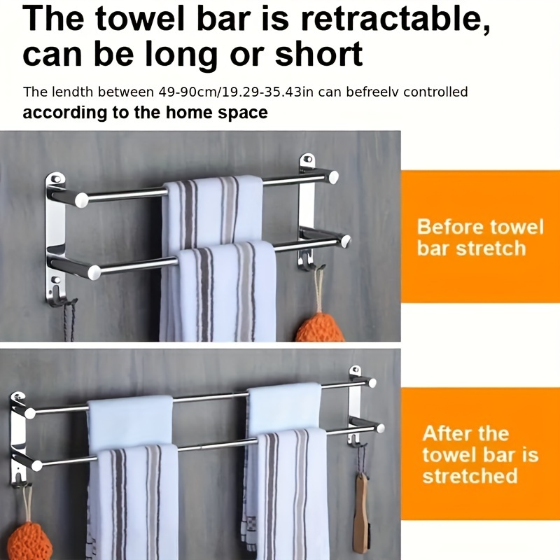 

Support your towels in style with this sleek stainless steel towel rack, featuring an adjustable design and wall-mounted storage with hooks. for drilling - simply install and enjoy!