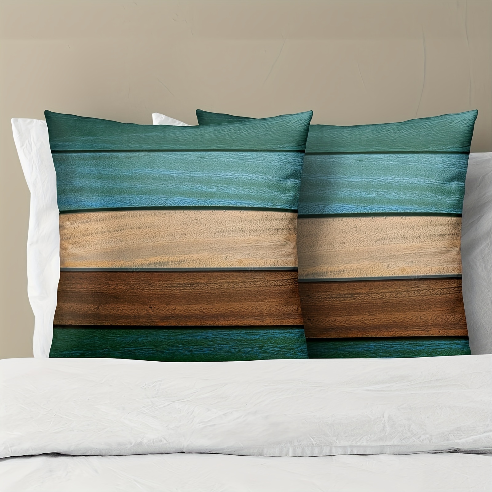 

2-piece Vintage Teal & Brown Plush Pillow Covers - Soft, Distressed Design With Natural Wood Patterns, Decorative Throw Cases For Living Room And Bedroom, 18x18 Inch, Zip Closure, Machine Washable