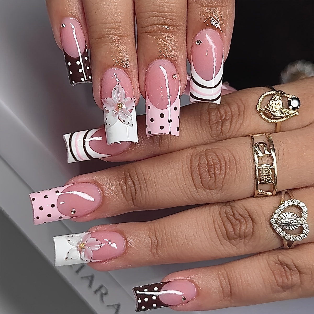 TEMU 24pcs Medium Length European Square Press-on Nails, Polka Dot French Edge 3d Resin Flower, Steel Ball , Light Luxury Extendable Full Coverage