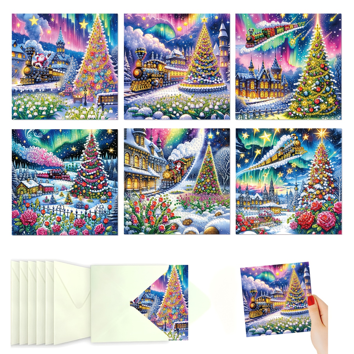TEMU Kit de peinture diamant 6 pièces, carte de vœux, motif arbre de Noël, matériau en papier, artisanat de mosaïque , très approprié pour la fête de
