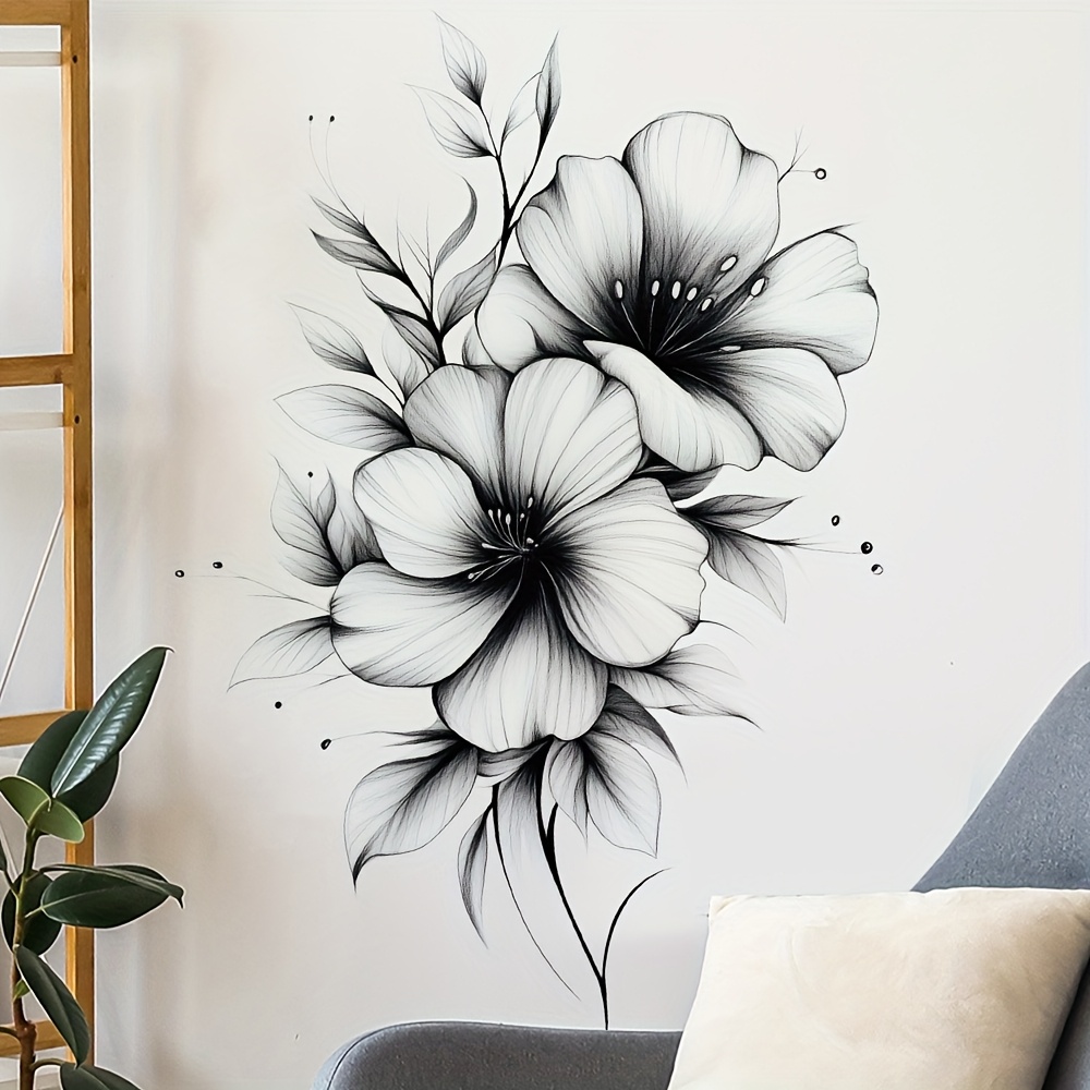 Image of 1pc, High-quality Black And White Floral Wall Sticker, Sketch Style, Black And Feel, 2d Flat Sticker, Suitable For Living Room, Bedroom, Kitchen, Door, Wall, Home Decoration Background Wall Decoration