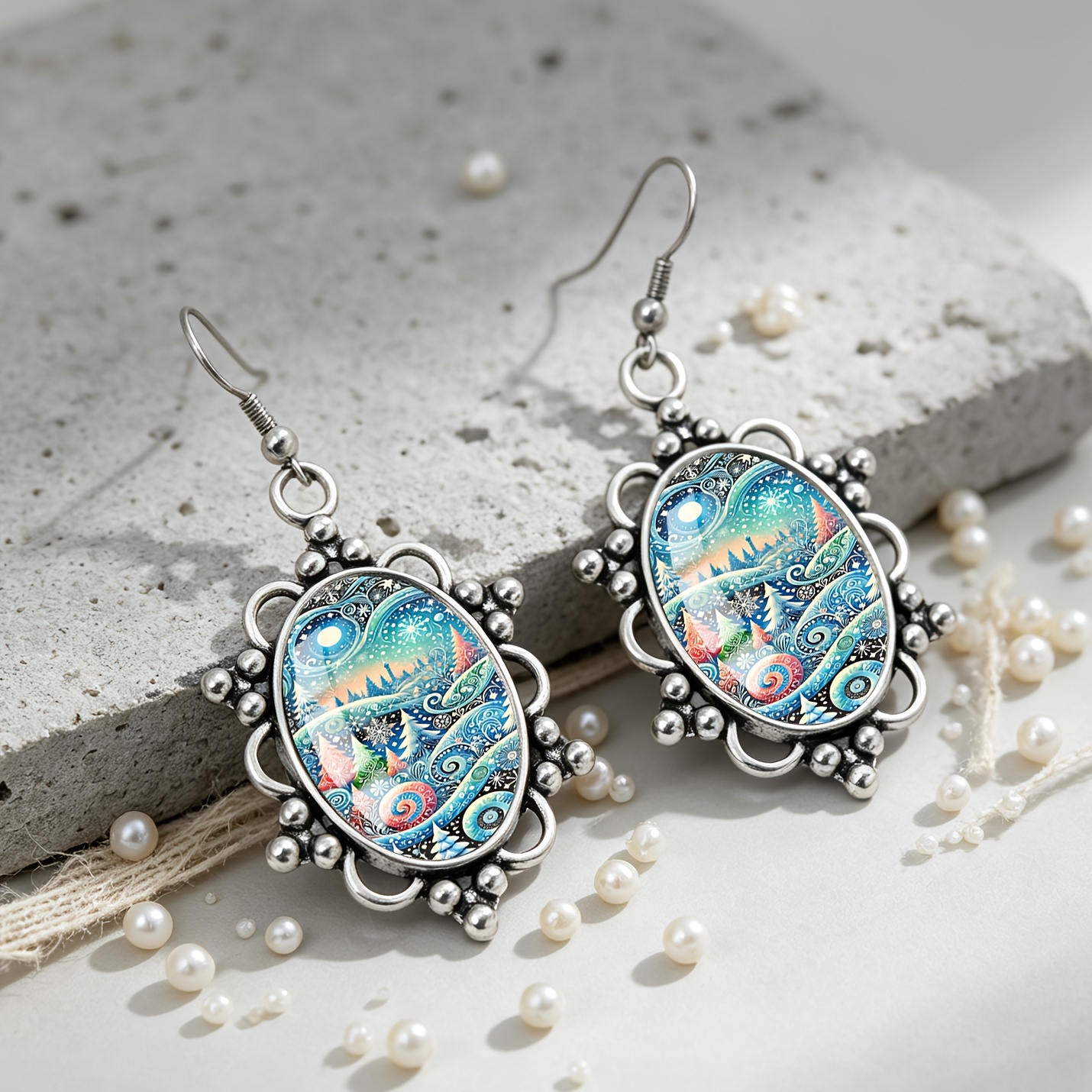Men's Christmas Snow Scene Patterned Oval Earrings