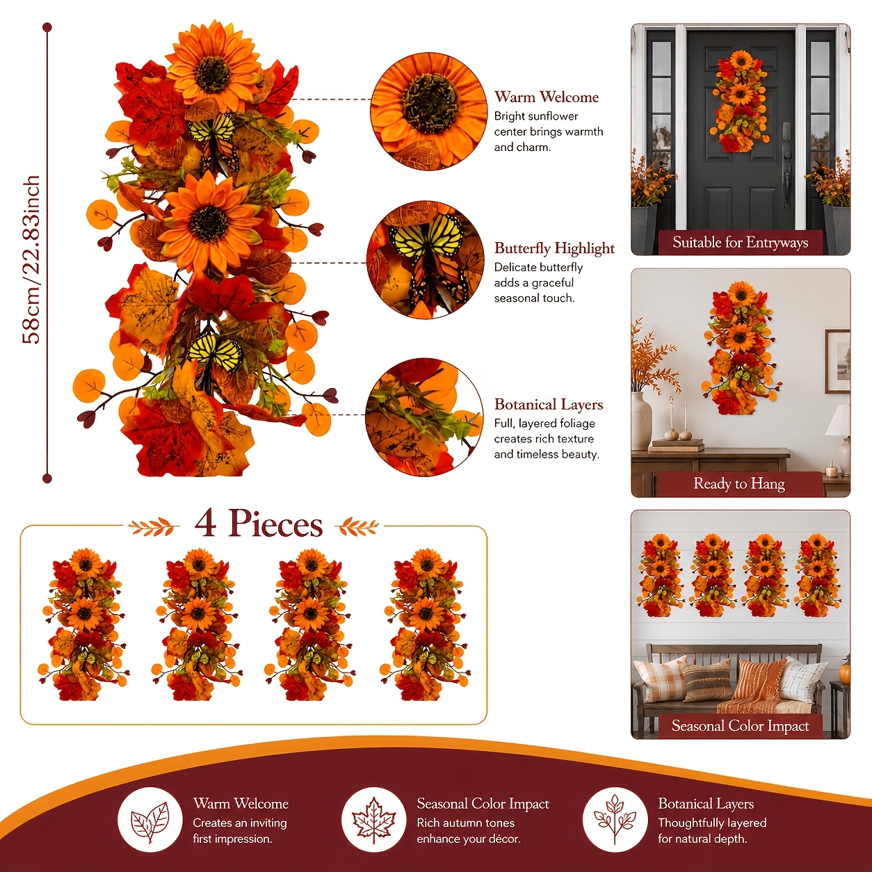 TEMU 4pcs Set Autumn /autumn Decorative Vine Wreath, Featuring Main Elements Including Orange Sunflowers, , Round , Vine Branches, , And Butterflies.