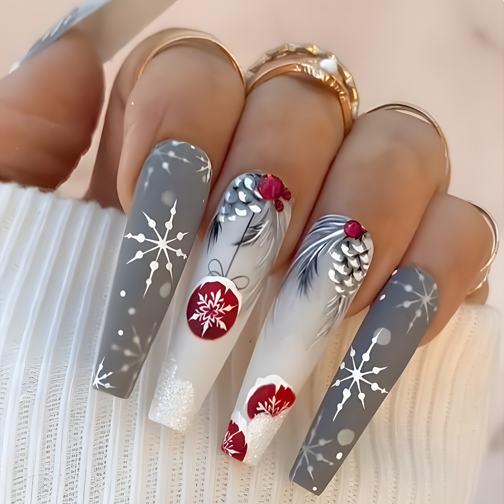 

Festive Christmas 24 Pcs Glossy Long Coffin Press On Nails In Gray And White With Snowflake And Christmas - Reusable Fake Nails For Women