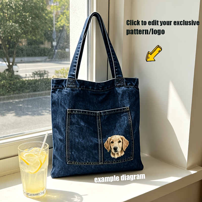 TEMU 1 Custom-patterned Single-shoulder Bag, Navy Blue Personalized Pattern/text/logo Women's Handbag, Casual Shopping Tote, Large-capacity Shoulder