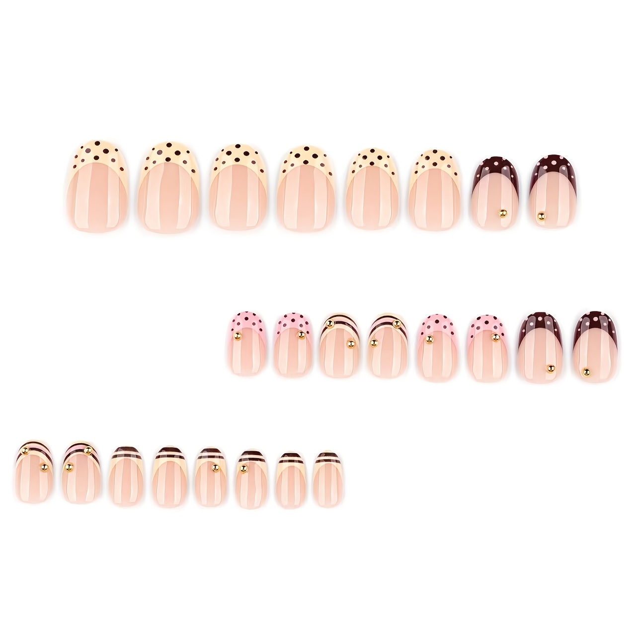 TEMU 24pcs Short Round Almond French Tip Fake Nails Suitable For , Glossy /striped Press- Nail Plates With Polka Dots, Spring Summer Nail For Easter,