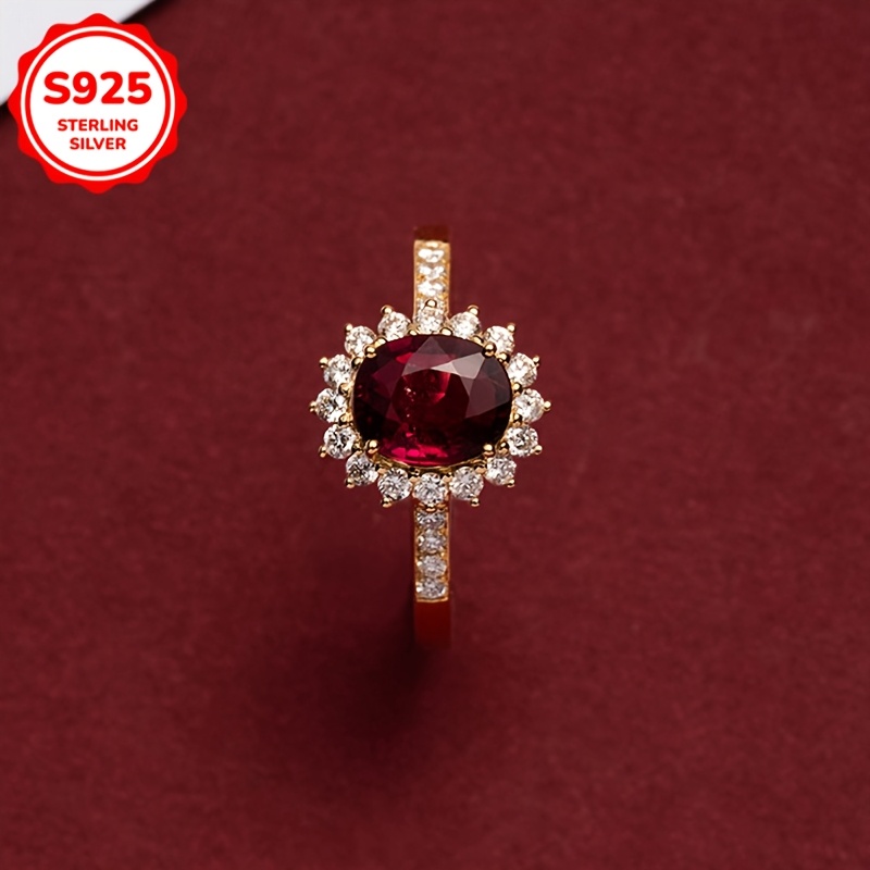 Floral Red Garnet & Cubic Zirconia Ring S925 Sterling Silver