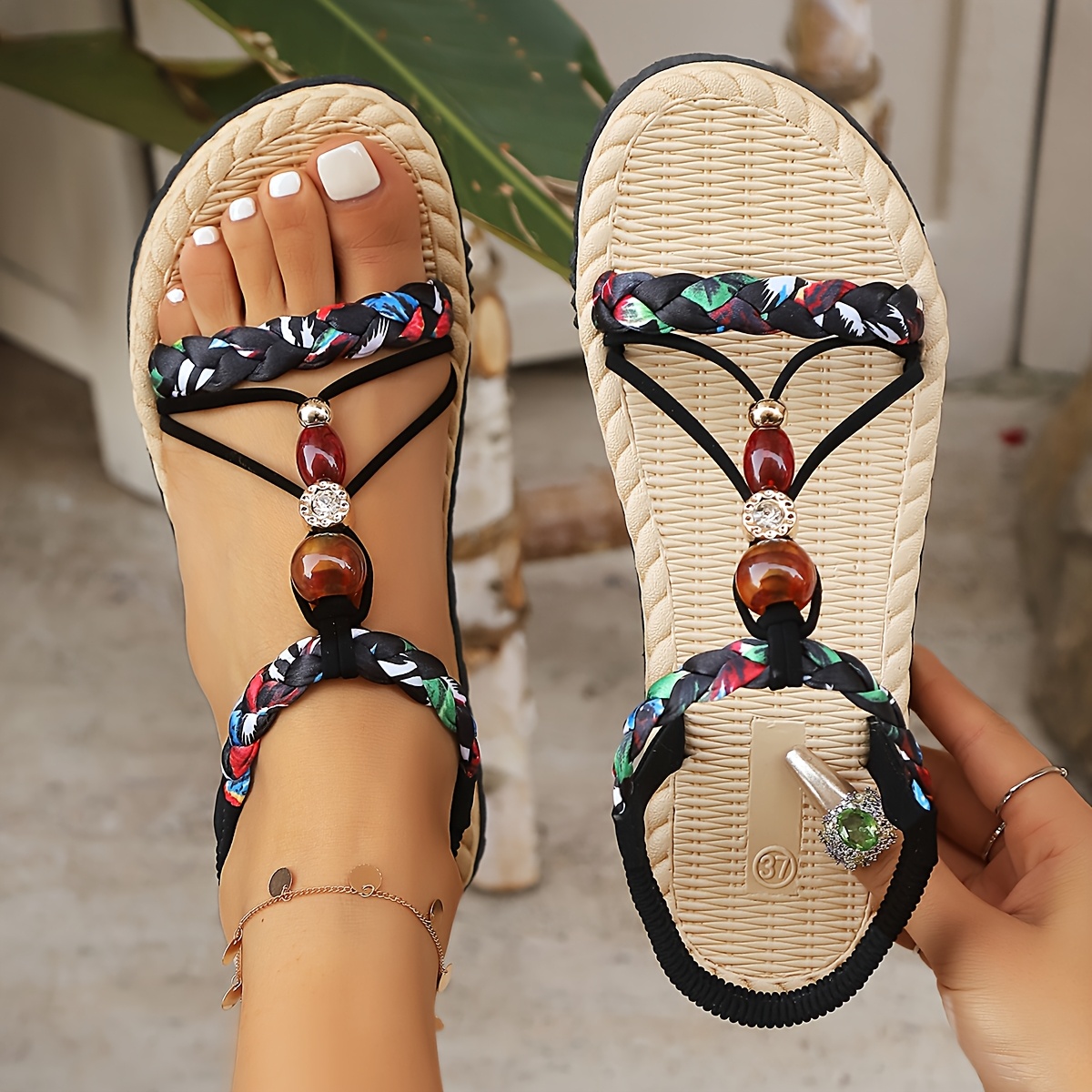 TEMU Sandales plates à et perles, style ethnique, polyvalentes et confortables, Chaussures pour femme