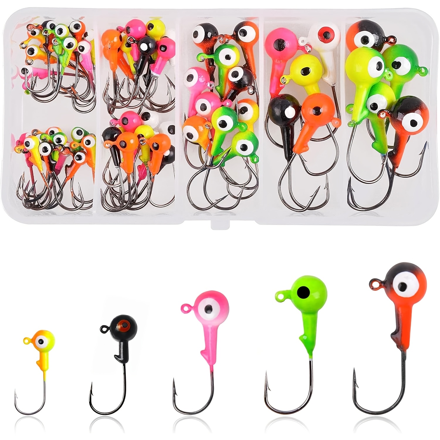 

60pcs Carbon Steel Fishing Jig Heads Hooks Set, Assorted Painted Jigs For Crappie Bass Walleye, Tackle Kit With Multiple Weights (3/8oz, 1/4oz, 1/8oz, 1/16oz, 1/32oz), Fishing Hooks