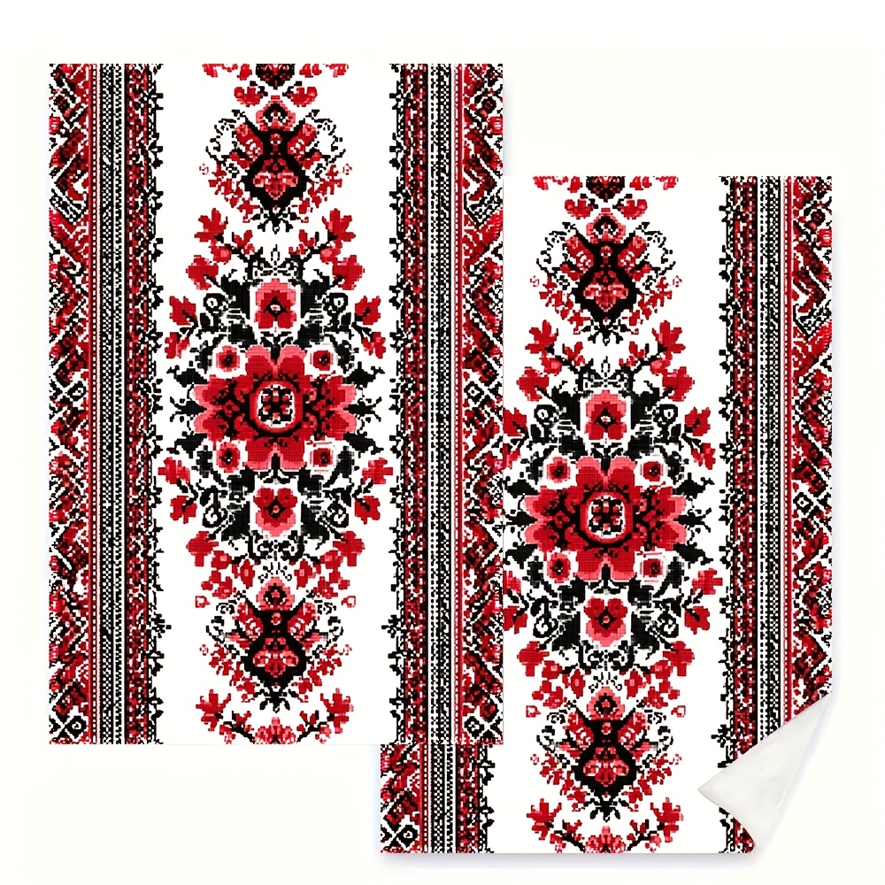 TEMU 2pcs, Kitchen Towels, Dishcloths, 16x24 Inch, Ukrainian Pattern, With Red And Black Colors, Dishcloths, Essential For Kitchen Cleaning, Used For