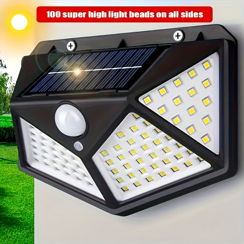 1pc 100LED Lámpara Solar de Pared con Sensor de Movimiento para Exterior, 3 Modos de Luz de Seguridad para Pasos de Casa, Luces de Pared Exteriores para Patio, Ángulo de Iluminación de 270° para Pasillos, Apartamentos, Almacenes, Linternas Recargables de Energía Solar de Material ABS